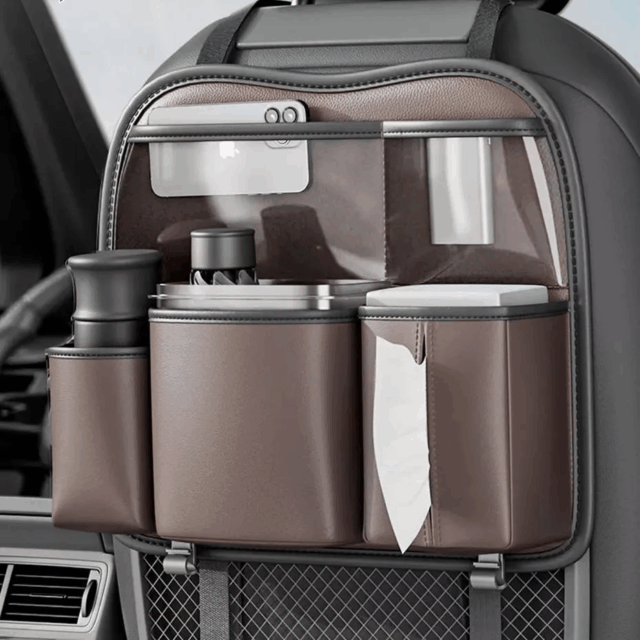 A storage organizer for a car.