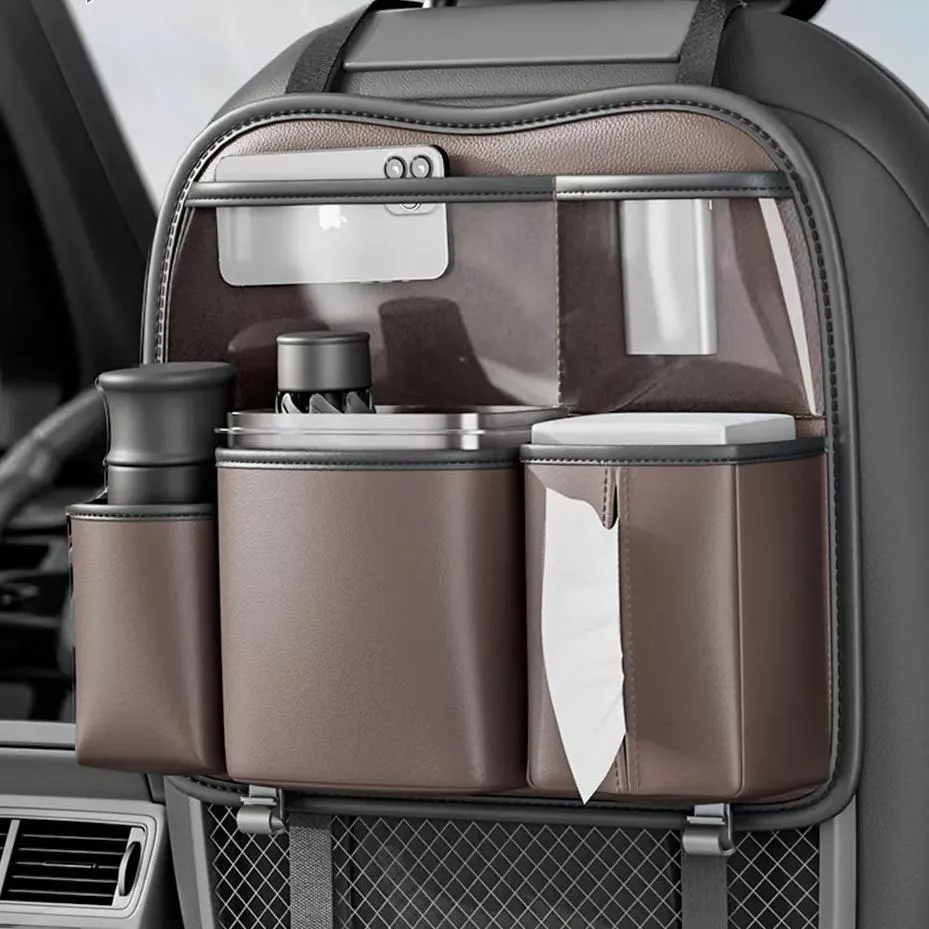 A storage organizer for a car.